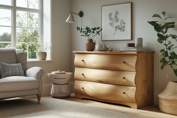 Modern six-drawer chest of drawers in light wood, placed next to an armchair and coffee table, with clean lines and decorative accents in a bright room.
