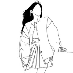 Black and white illustration of a woman in casual outfits and skirt.