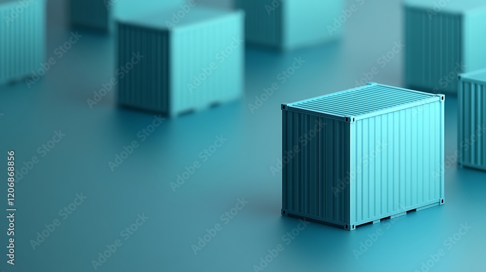 Poster abstract background with single blue container surrounded by blurry containers in cool tones for mod