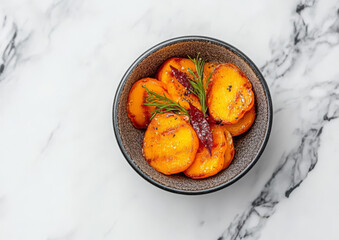 Delicious roasted peaches with herbs and seasoning on a marble surface