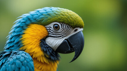 Fototapeta premium Vibrant close-up of a blue-and-yellow macaw with intricate feather details