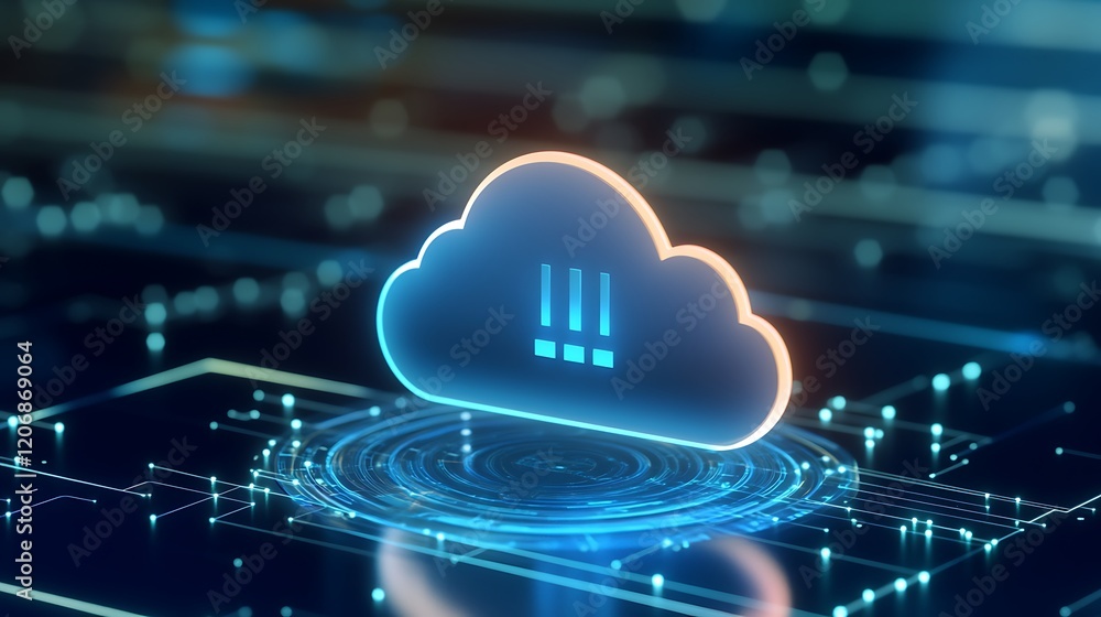 Poster abstract cloud computing concept with digital data connections in blue and orange color scheme