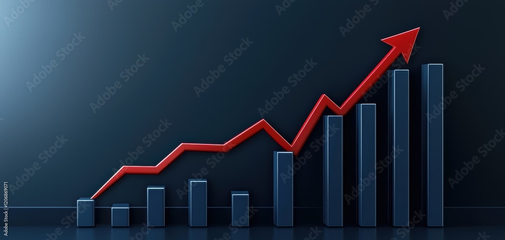 Poster a dynamic graph with a red upward trend against a dark background, symbolizing growth and increasing