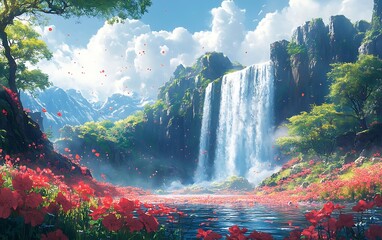 Dreamy Waterfall Scene with Red Petals and Mountains