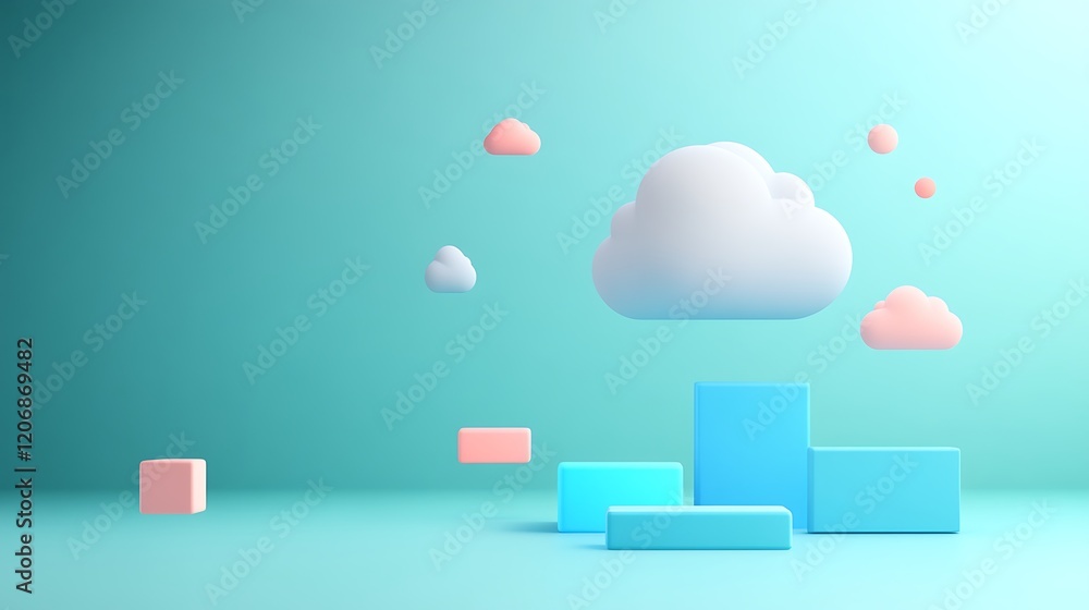 Poster abstract composition of geometric shapes with clouds in soft pastel colors against a minimalist back