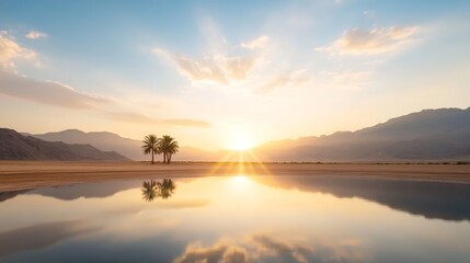 Obraz premium Serene Desert Landscape at Sunrise with a Reflective Water Body and Palm Trees Against a Backdrop of Mountains and Colorful Sky