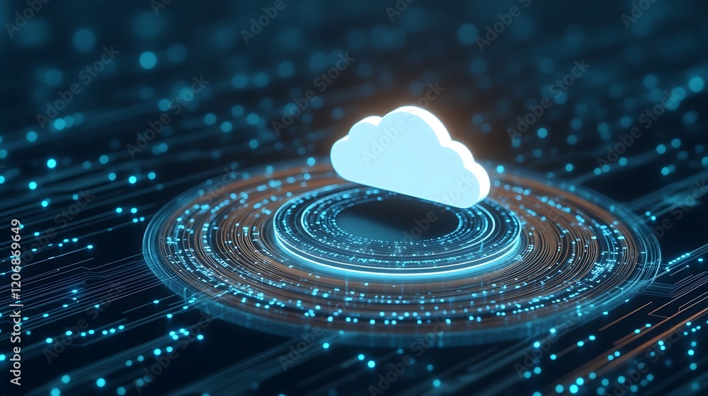 Poster abstract digital cloud computing concept with circular patterns and glowing particles in a dark back