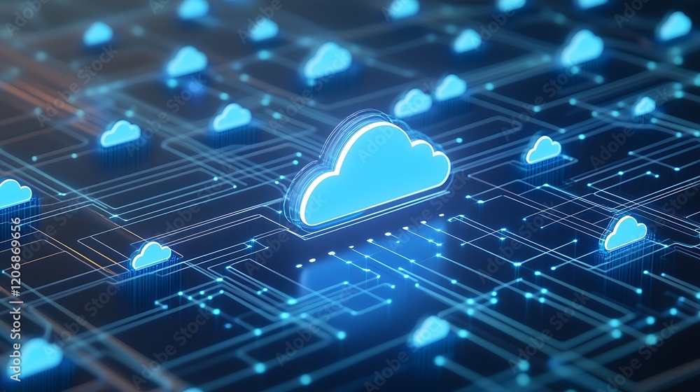 Poster abstract digital cloud computing concept with glowing cloud icons on technology network background