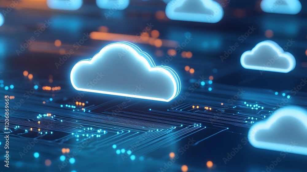 Aufkleber abstract digital cloud computing concept with glowing cloud symbols over technology background