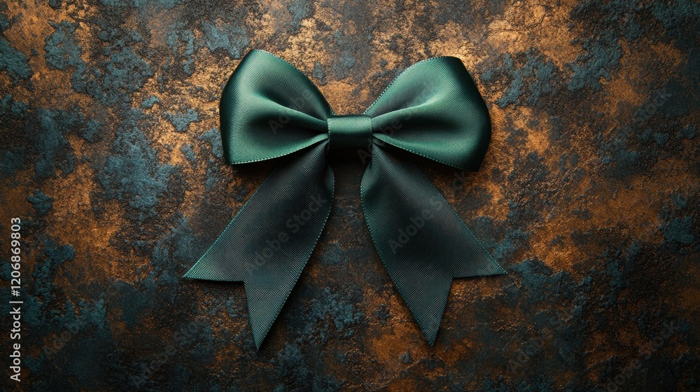 Poster elegant green ribbon bow resting on a textured rustic backdrop illuminated by soft ambient light