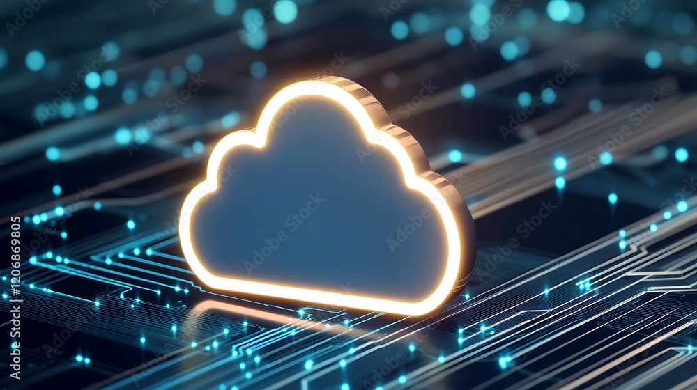 Poster abstract digital cloud icon on circuit board with glowing connections and technology background