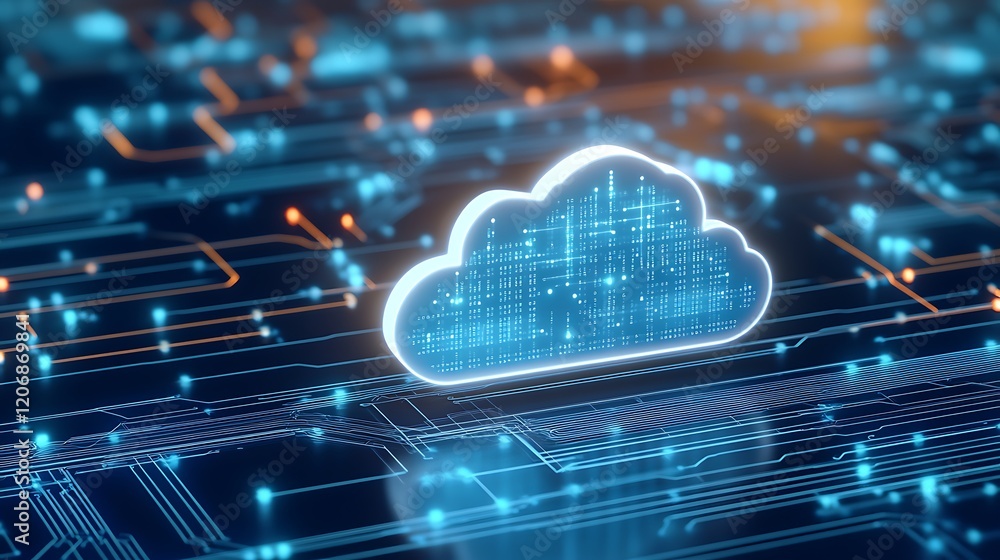 Poster abstract digital cloud icon surrounded by circuitry illustrating technology and data storage concept