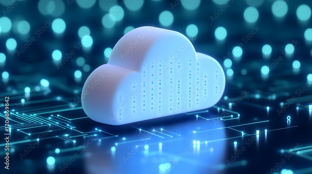 Poster abstract digital cloud icon surrounded by blue light circuits and data streams in a technological en
