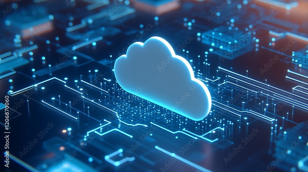 Poster abstract digital rendering of cloud technology with circuitry and blue neon lights for networking il