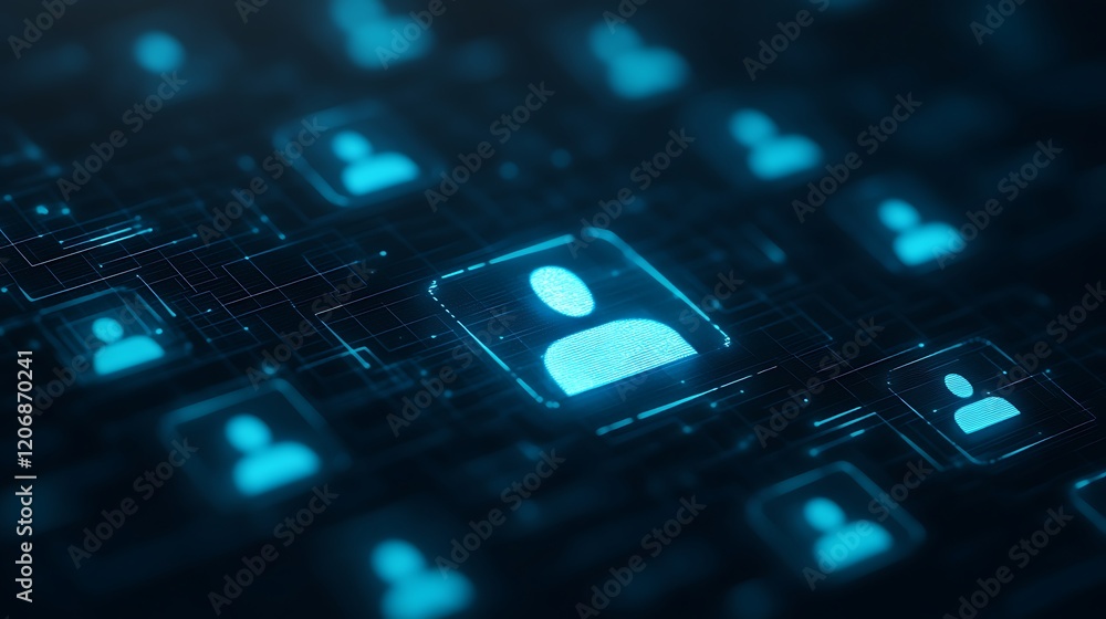 Poster abstract digital user icons with blue glow on dark background for virtual community and social netwo