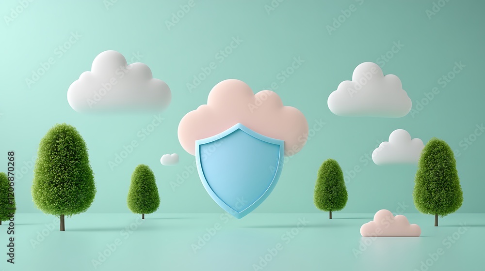 Poster abstract illustration of a secure digital cloud concept surrounded by fluffy clouds and green trees 