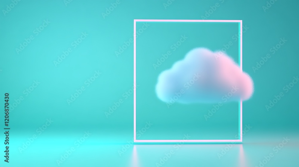 Poster abstract representation of a cloud inside a minimalist frame on a turquoise background for artistic 