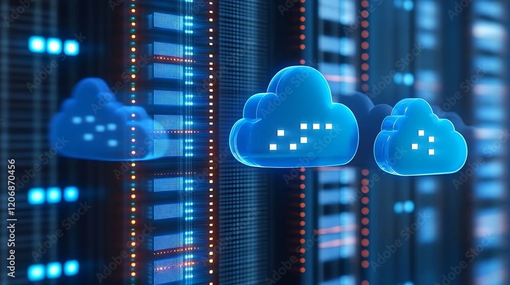 Poster abstract representation of cloud computing technology with digital data storage and connectivity con