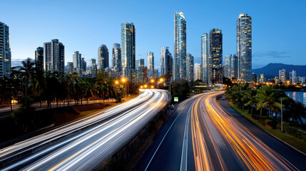 Fototapeta premium vibrant skyline at dusk with busy highway illuminated by lights