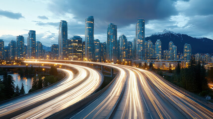 Fototapeta premium City skyline at dusk with busy highway illuminated by lights