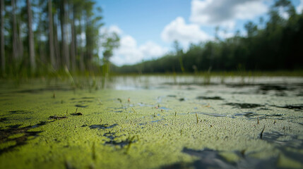 Fototapeta premium Serene Swampy Area Filled with Stagnant Greenish Water and Lush Vegetation Under Clear Sky