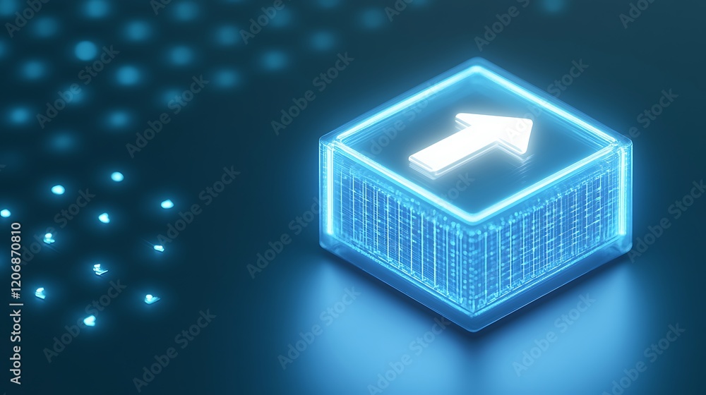 Poster blue 3d neon arrow icon representing upward movement and progress in digital interface design
