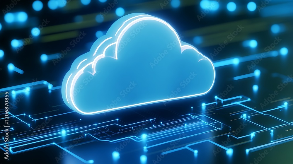 Aufkleber blue cloud icon against futuristic background of digital circuit with bright data points and technol