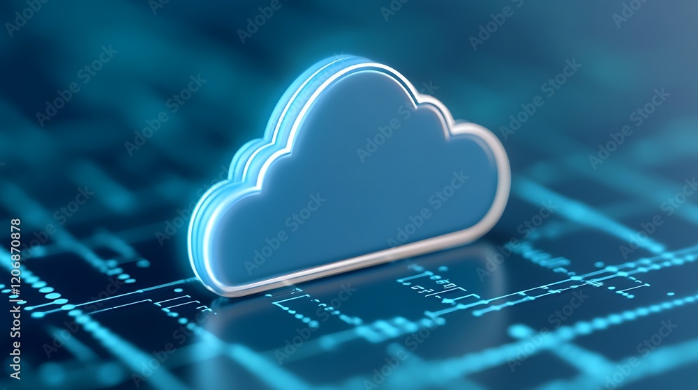 Poster blue cloud icon on digital background representing cloud storage, technology, and data management co