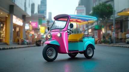 Obraz premium Colorful Electric Rickshaw Parked on Urban Street with Neon Lights, Showcasing Modern Transportation and Vibrant City Atmosphere During Daytime