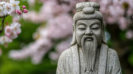 Obraz premium Tall Statue of Chinese God in Serene Garden Surrounded by Cherry Blossom Trees