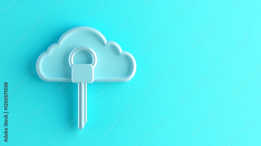 Poster blue cloud icon with padlock and key representing digital security and data protection in modern tec