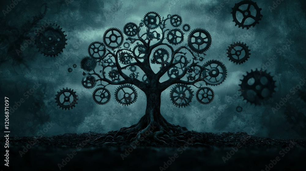Poster mechanical tree with gears and cogs in an enigmatic atmospheric background