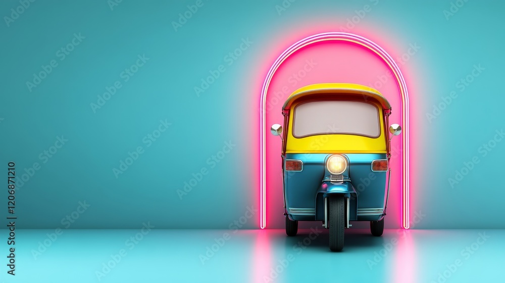 Poster brightly colored tuk tuk vehicle surrounded by neon lights displaying a vibrant background and uniqu