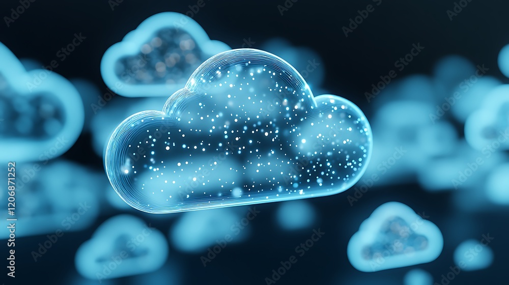 Poster blue digital cloud design with glowing effect and sparkling particles on dark background