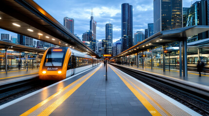 Fototapeta premium bustling city skyline at dusk with train station and modern buildings