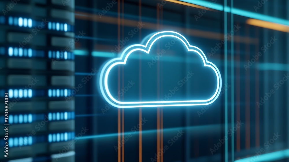 Poster blue neon cloud icon on geometric background in a digital environment for cloud computing concepts