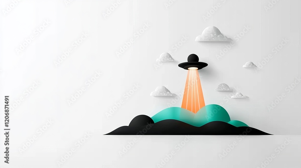 Poster whimsical ufo descending from colorful clouds in a minimalist style, perfect for illustrating concep