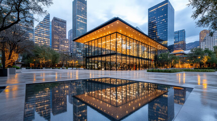 Naklejka premium Modern city skyline at dusk with reflections in water and illuminated architecture