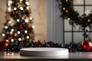 Festive Display with Empty Round Platform and Christmas Tree Bokeh