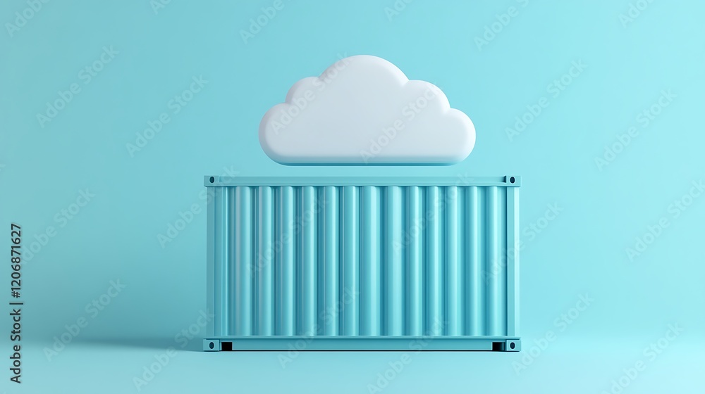 Aufkleber blue shipping container with cloud overhead in minimalistic modern design on light background