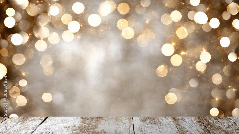 Poster bright bokeh lights with wooden table in foreground create festive atmosphere