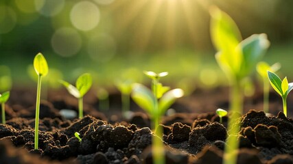 : Young green seedlings sprouting from rich, dark soil in a sunlit garden, symbolizing new beginnings, growth, and the nurturing of life in a natural environment