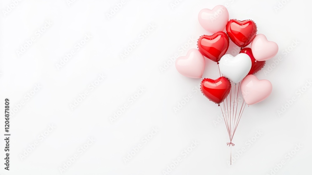 Poster a colorful array of heart-shaped balloons in red and pink against a soft white background perfect fo