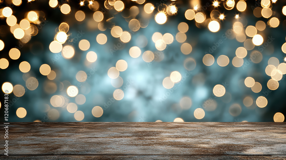 Poster soft glowing lights create romantic abstract bokeh background with wooden surface