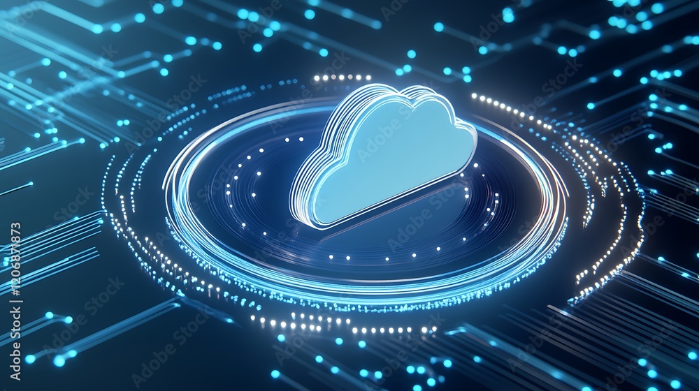 Poster bright blue cloud icon surrounded by networks and data circles on a dark digital background