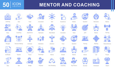 Mentor and Coaching icon collection set. Containing coach, students, presentations, guidance, trainee program and learning materials. Great for education, workshops, or self development services.