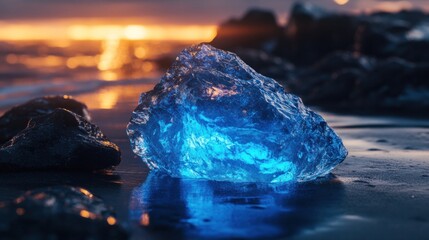 Glowing blue ice rock on beach at sunset; nature scene