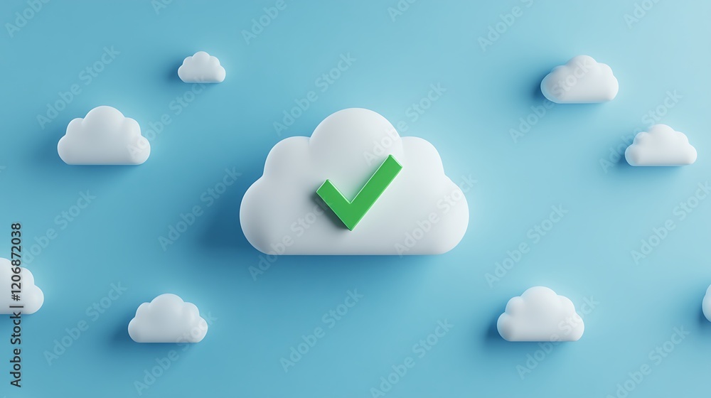Poster cloud computing concept with 3d clouds and green check mark on blue background for digital solutions