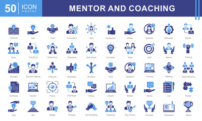 Mentor and Coaching icon collection set. Containing coach, students, presentations, guidance, trainee program and learning materials. Great for education, workshops, or self development services.