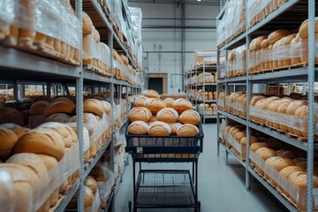 Rows of loaves of bread on shelves in a bakery warehouse.
